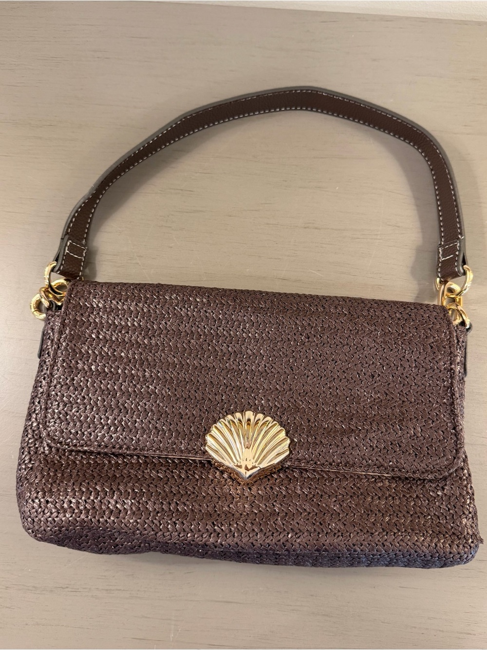 Nanette Lepore Brown Woven Handbag Brass Shell Closure Shoulder Bag Purse
